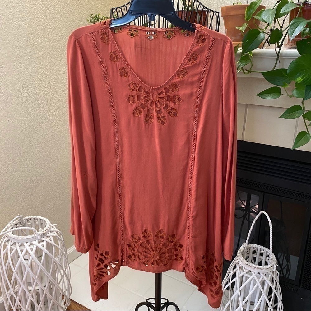 70s Rust Floral Embroidered Dress - 100% Very Soft Rayon